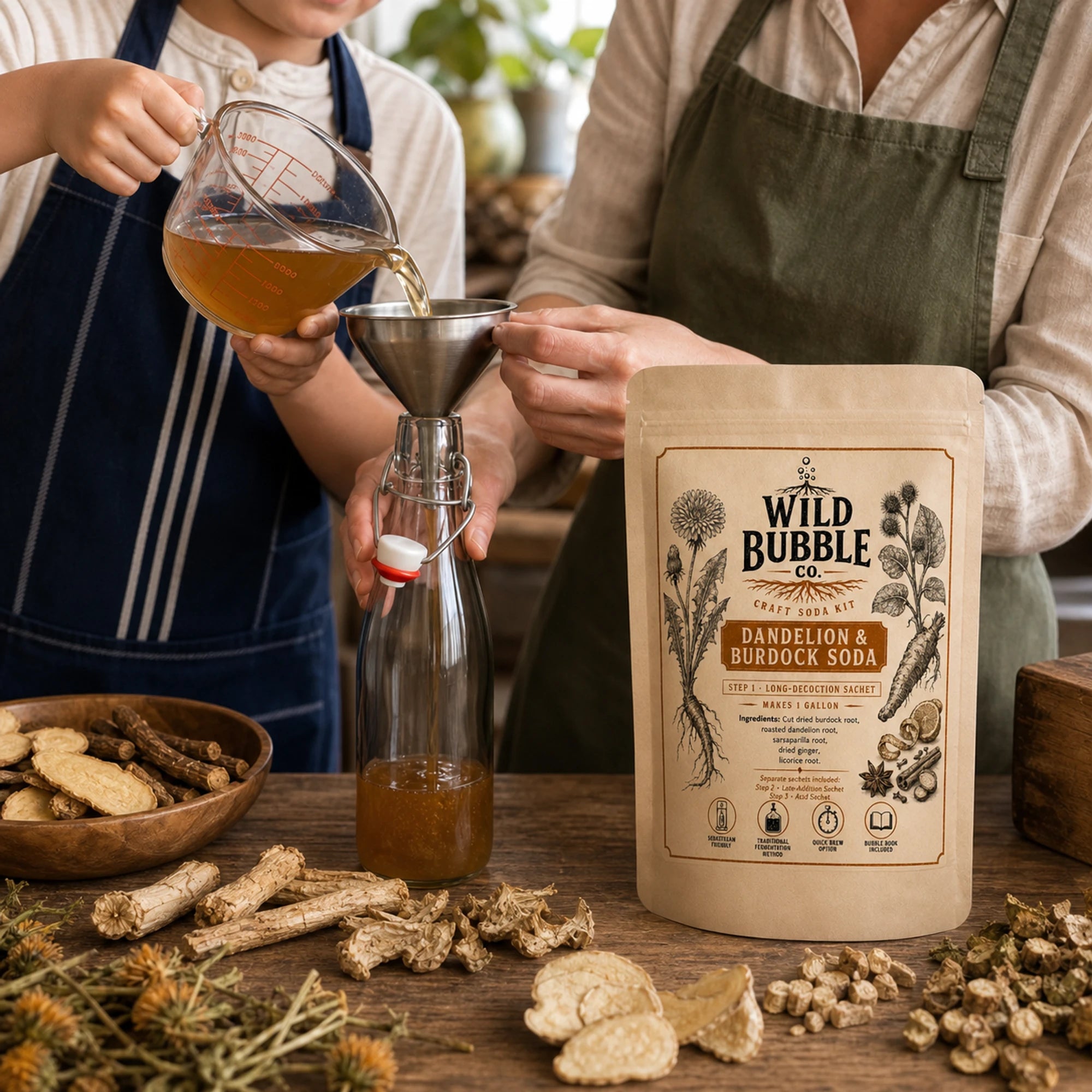 Preparing Wild Bubble Dandelion & Burdock soda together