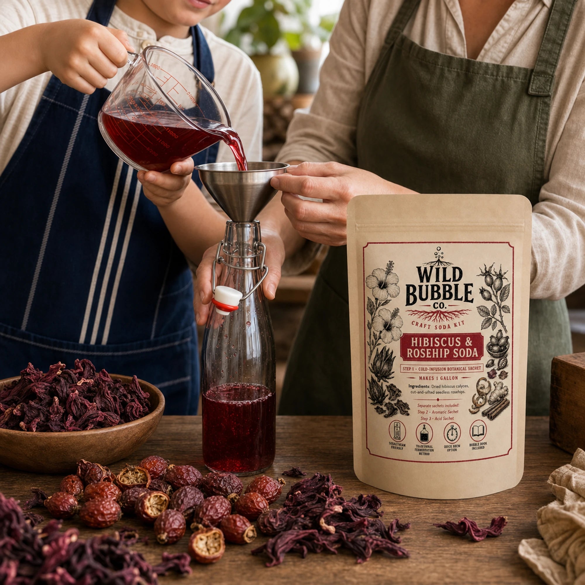 Preparing Wild Bubble Hibiscus & Rosehip soda together