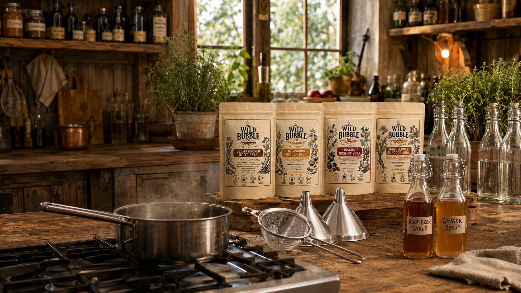 Wild Bubble soda kits, botanicals, and a finished sparkling soda