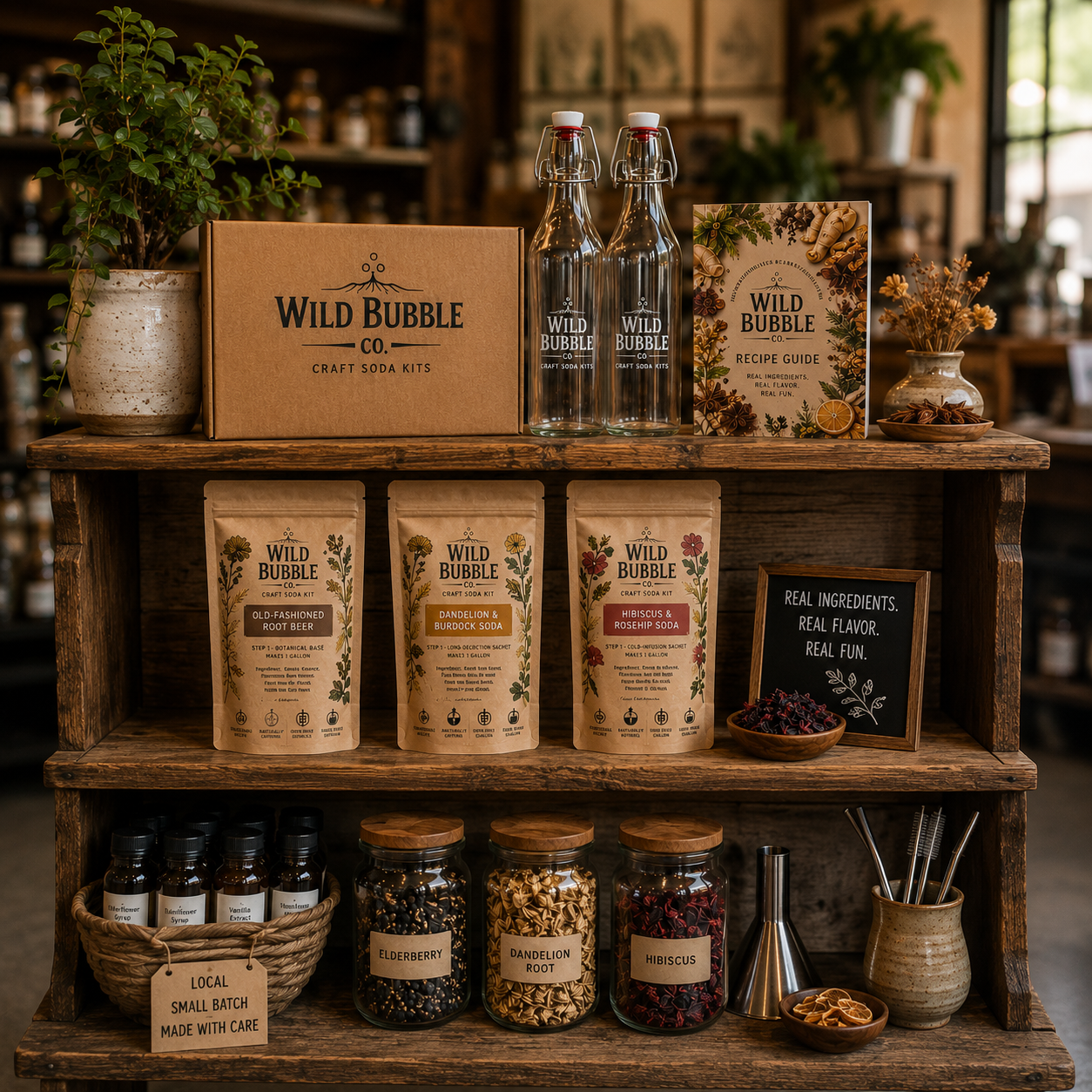Wild Bubble botanical soda kits displayed in a boutique setting